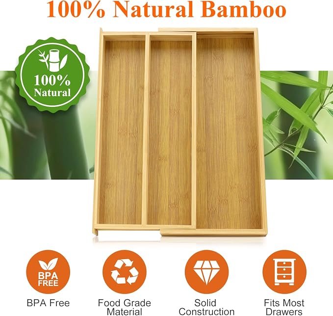Large Bamboo Kitchen Utensil Drawer Organizer Expandable Silverware Tray | Big Cooking Utensil Drawer Divider Spoon Flatware Organizer Storage Adjustable Wooden Cutlery Holder Tool Knife Spatula Tray