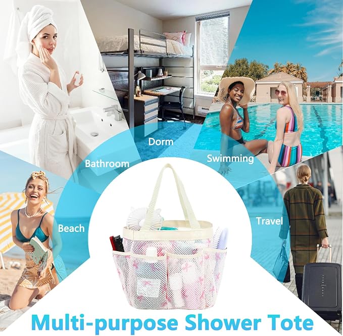 Fammart Mesh Shower Caddy Portable for College Dorm Room Essentials, Odorless Polyester Large Shower Tote Bag with Dual Handles, 8-Pocket Quick-Dry Toiletry Organizer for Travel, Beach, Camping, Gym