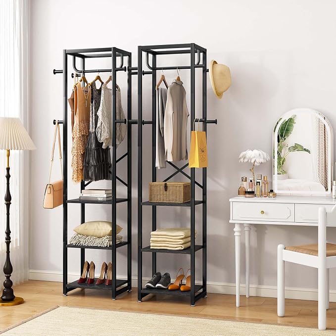 IBUYKE Freestanding Coat Rack,with 3 Shelves and 8 Hooks,Black UTMJ088B | Metal Frame,Industrial Hall Tree,Clothes Stand for Entryway, Hallway, Bedroom,Office, Living Room