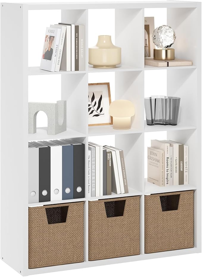 12-Cube Cubicle Bookshelf, Cube Bookcase with Open Back, Reversible Book Shelf, Cube Storage Organizer, 15 x 44 x 58, for Living Room, Home Office, White
