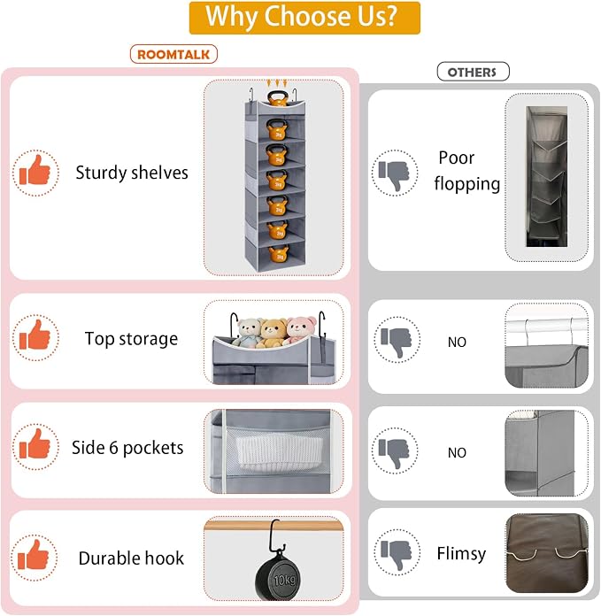 6-Shelf Hanging Closet Organizer and Storage with 6 Side Pockets, Collapsible Closet Hanging Shelves for Storage, Grey