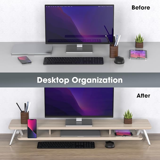 Fenge Dual Monitor Stand Riser, Wooden Desk Shelf with 2-Tier Storage | 42.5-Inch Wide, Sturdy Aluminum Legs, Built-In Phone & Tablet Slot, Desktop Organizer for Office Accessories
