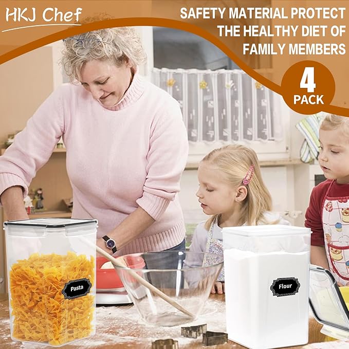 HKJ Chef 4 Pack Extra Large Airtight Food Storage Containers with Lids (6.5L / 220 oz), BPA Free Plastic Kitchen and Pantry Organization Contianers for Cereal Flour and Sugar Storage, Labels & Marker