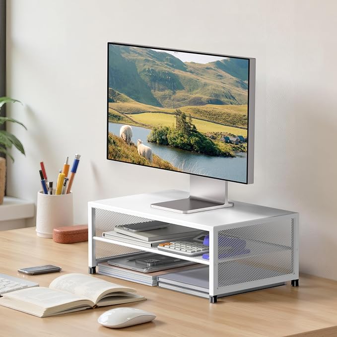 ECOLOVI 2-Tier Computer Monitor Stand Riser, Desk Organizer for Monitor, Printer & Laptop Stand, Desktop Workspace Organizers for Office Supplies(White)