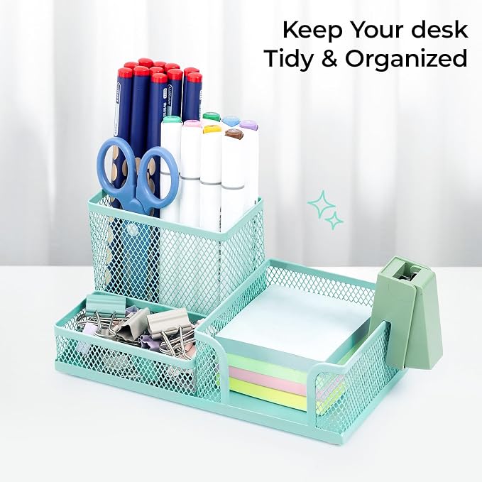 M&G Mesh Pen Holder Desk Organizers Pencil Holder for Desk Light Blue, 3 Compartments Metal Office Supply Organizer with Sticky Notes Holder for Home Office