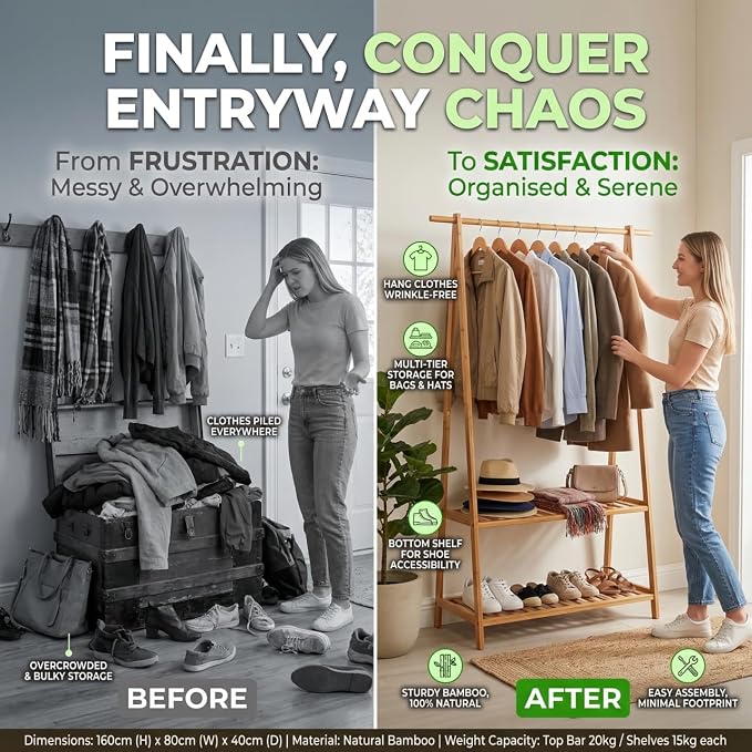 Finnhomy Bamboo Clothes Rack Portable Extra Large Garment Rack 2-Tire Storage Box Shelves For Entryway and Bed Room Patented Design