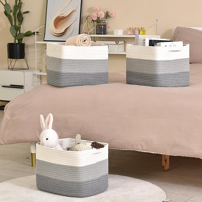 ICERZCZ Storage Baskets for Organizing Shelves, Woven Cotton Rope Baskets for Storage Books Towels Toys, Organizing Baskets, Toy Basket for Nursery Bathroom, 15"x11"x9.5", 3 Packs, Gradient Grey
