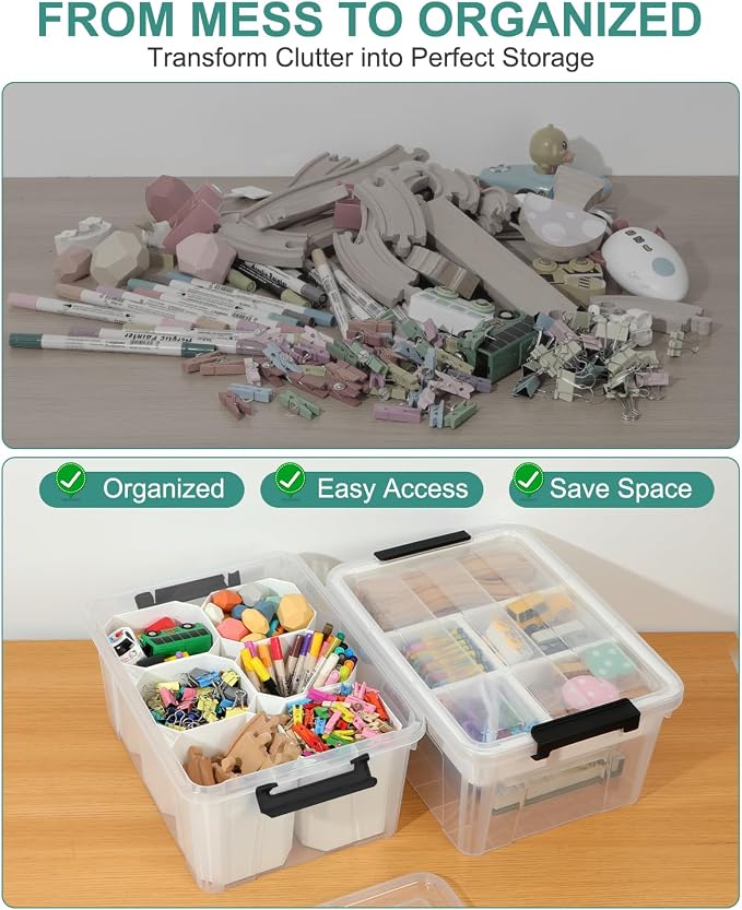 EOENVIVS Clear Storage Tote with 6 Tall Inserts, Stackable craft organizers and storage Box, Plastic Storage Bins with Lids and Handles for Crafts, Jewelry & Sewing, Art Supplies, Markers, Pens