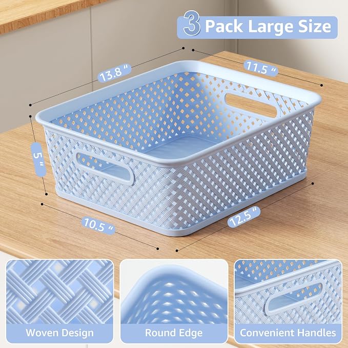 MaxGear 3 Pack Plastic Storage Baskets, Large, Blue | Durable Woven Plastic with Built-In Handles, Suitable for Shelves, Closets, Cabinets, Bathrooms and Offices