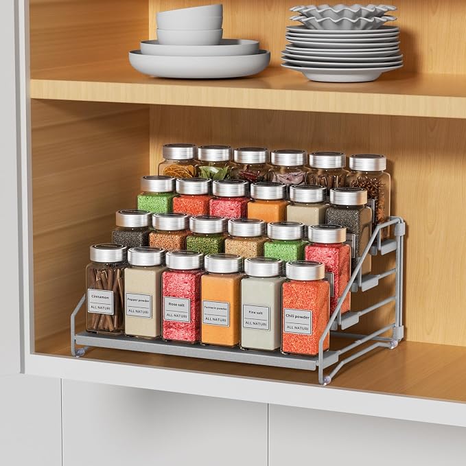 Spice Rack Organizer for Cabinet, Depth Adjustable 4 Tier Spice Rack,1 Pack | Silver, Metal Spice Organization for Cabinet, Easy Visibility, Tiered Spice Rack Perfect for Cabinet, Pantry and Countertop