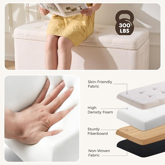45" Storage Ottoman Bench, Tufted Ottoman with Storage for Living Room, Large End of Bed Ottomans, Modern Entryway Benchs, Window & Bedroom Benches for Foot of Bed (Ivory)