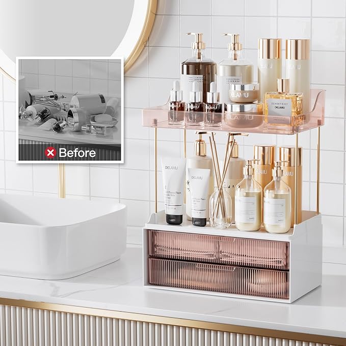 Delamu 4-Tier Makeup Organizer, Bathroom Counter, 2 Drawers, Grapefruit | Elegant Vanity Organizer Gift for Women, Holds Perfume, Skincare, Nail Polish & Hair Accessories for Bathroom Countertop