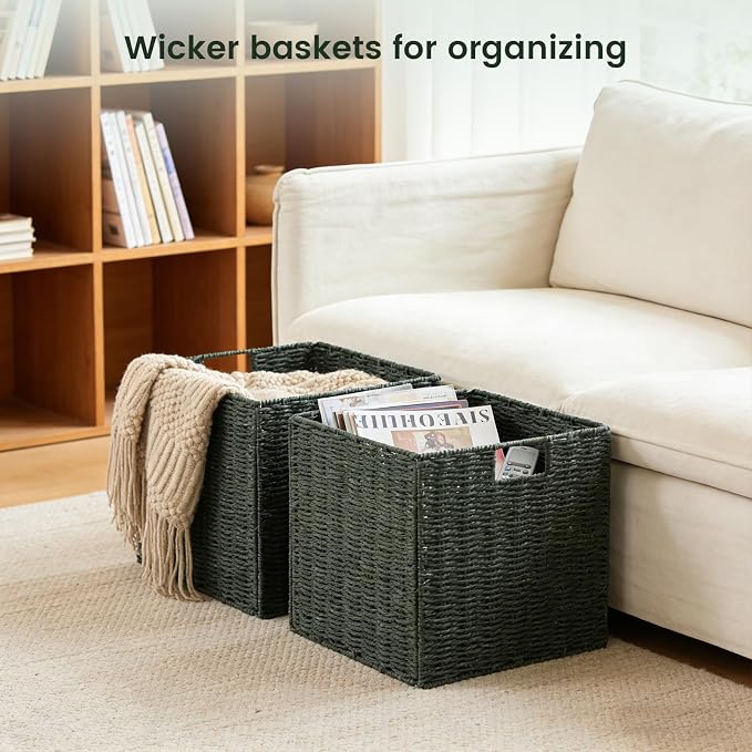 Set of 2 Hand-Woven Paper Rope Wicker Baskets, Storage Basket, Foldable Cube Storage Bins, Green Storage Cubes, Square Baskets for Organizing Shelves, 12x12x12in
