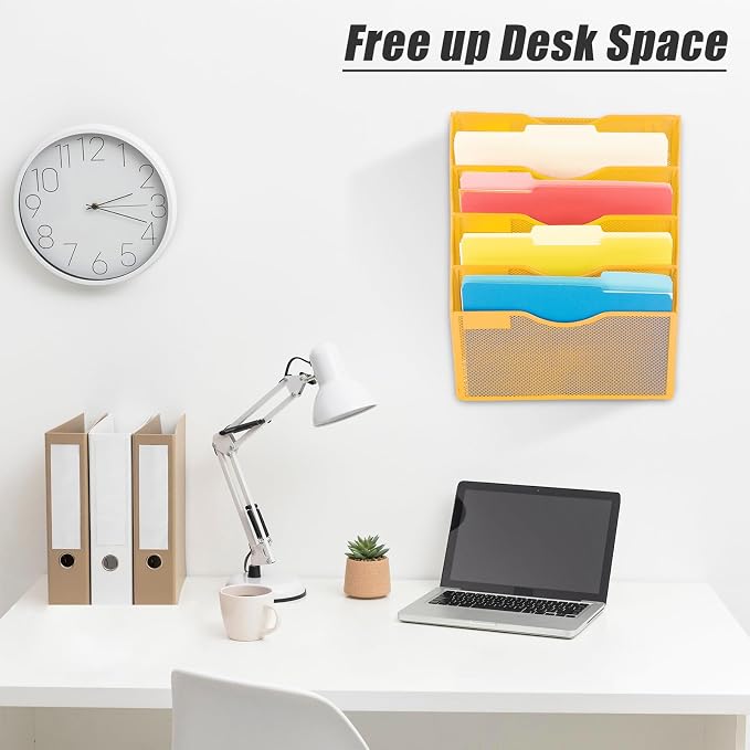 EASEPRES 5 Pocket Mesh Hanging Wall File Organizer, Wall Mounted Mail Paper Document Folder Holder, Clipboard Storage Organization Magazine Rack with Nametag Label for Office Home School, Yellow