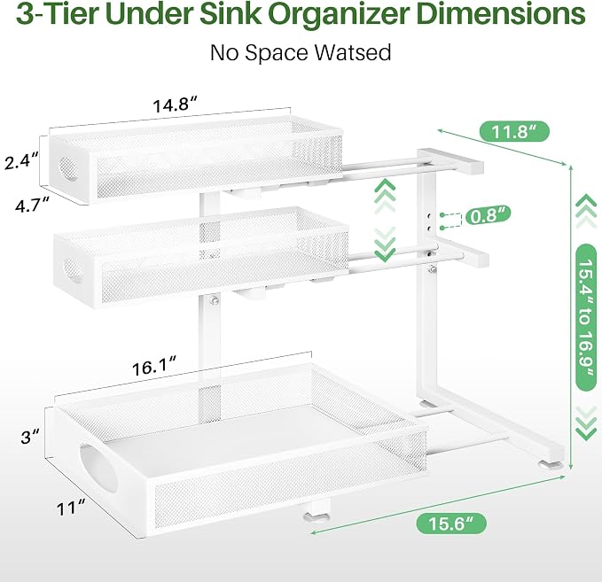Kitstorack Under Sink Organizer 3-Tier Slide Out Drawer for Bathroom 2-Pack | Height Adjustable, Metal Mesh Storage Rack, Pull out Cabinet Organizer Shelf for Kitchen Pantry Home Laundry Organization