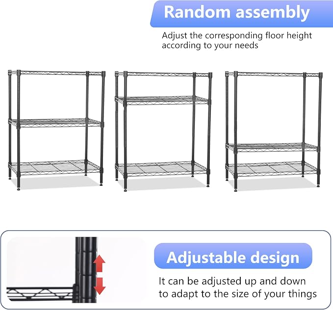 FDW Wire Shelving Units Adjustable Metal Storage Rack 23D x 13W x 30H 3 Tier Pantry Shelves NSF Kitchen Shelf for Kitchen Garage Commercial Small Places,Black