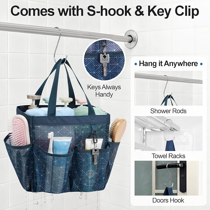 Mesh Shower Caddy Portable - 8 Pockets, S-Hook, Shower Bag for Dorm Camping | 2-Handle, Quick-Dry, Toiletry Organizer, College Dorm Room Essentials for Girls, Gym, Travel & Bathroom, Starlight Navy