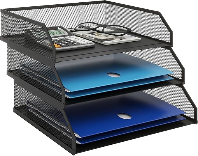 Natwind 3-Tier Stackable Metal Mesh Paper Organizer with Sliding Tray,Black | Desk Organizer for Office Supplies, Letter Tray For Desktop,File Holder For Home School Classroom Organization
