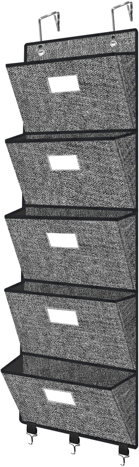 Over the Door File Organizer, Hanging Wall File Folders with 5 Large Pockets for Papers, Charts, Mails, Magazine, Office and Back To Supplies Storage and Organization (Black)