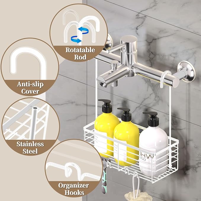 DELLAN Hanging Shower Caddy, Shower Rack Hanging for Bathroom, White | Shower Rack with Hooks Over the Door, Bathroom Shower Caddy and Basket