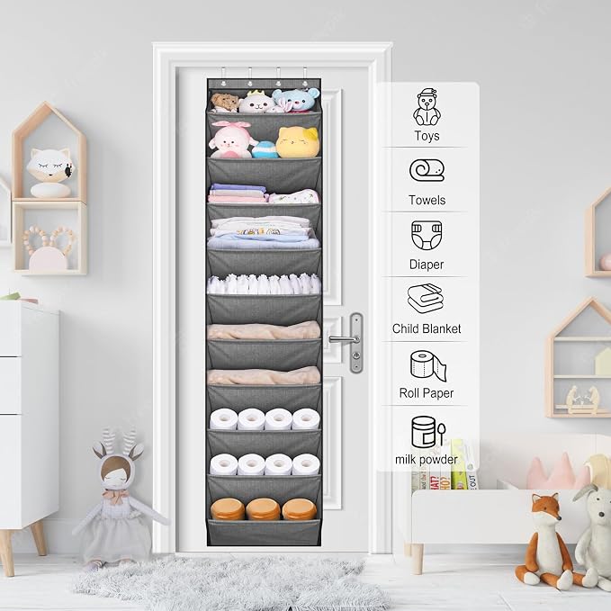 SLEEPING LAMB Over The Door Shoe Organizer for Closet with Large Deep Pockets, Narrow Shoe Rack for Door Hanging Boots Storage, Grey