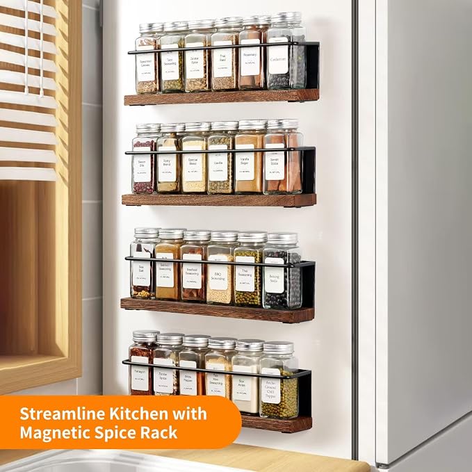 Magnetic Spice Rack Organizer with 12 Jars, 216 Labels, 1 Steel Funnel for Refrigerator,Microwave Oven - Full Set of Seasoning Organizer, Kitchen Gadgets