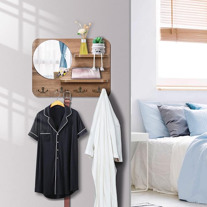 Wooden Key Rack with Mirror, Shelf and 4 Key Hooks for Rustic Entrances, Hallways, Living Rooms and Bedrooms - 16"x12" (Oak Color)