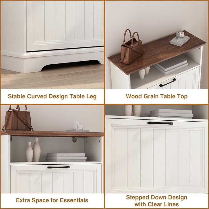 24" W Hidden Shoe Storage Cabinet with 2 Flip Drawers & Open Storage | Farmhouse Modern Shoes Rack Cabinet,Adjustable Shelves, Narrow Slim Shoes Organizer for Entryway,Foyer,Hallway,Antique White