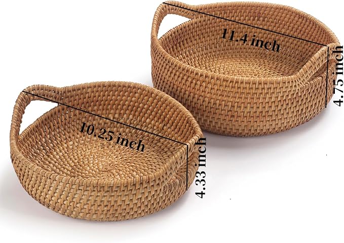 Rattan Storage Basket, Hand Woven Fruit Basket with Handles, Wicker Serving Basket, Bread Basket, Decorative Baskets for Organizing, Set of 2