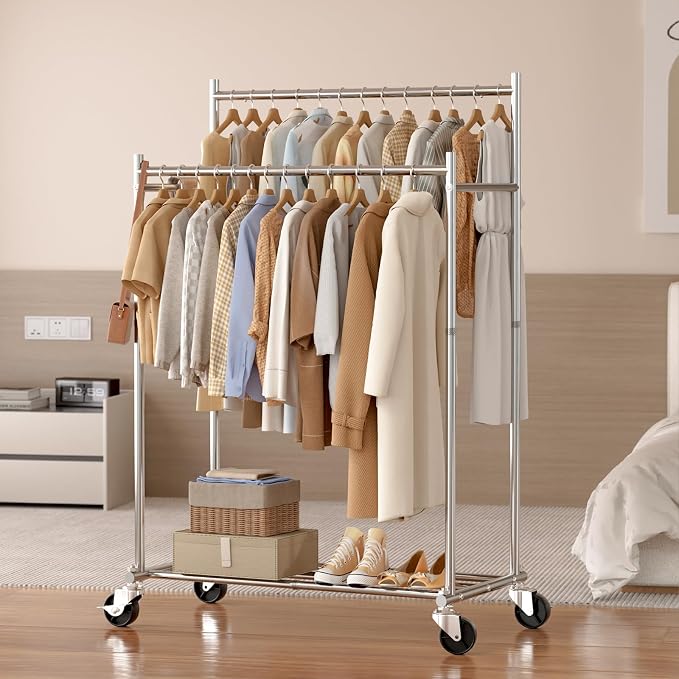 HYSEYY Clothes Rack,Double Rods Rolling Clothing Rack for Hanging Clothes load 400LBS,Portable Garment Coat Rack with Wheels Wardrobe Closet for Bedroom Laundry Room,Retail Store,Silver