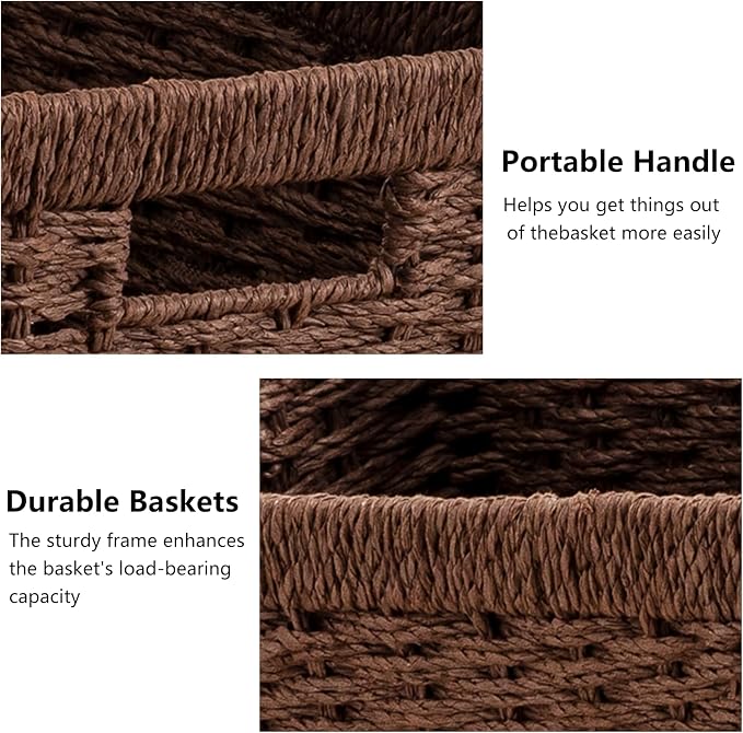 joybest Wicker Storage Baskets, 2pack Hand-Woven Paper Rope Wicker Baskets for Organizing, Foldable Rectangular Storage Organizer Bins for Shelves with Built-in Handles 13.4L x 8.3W x 7.1H, Dark Brown