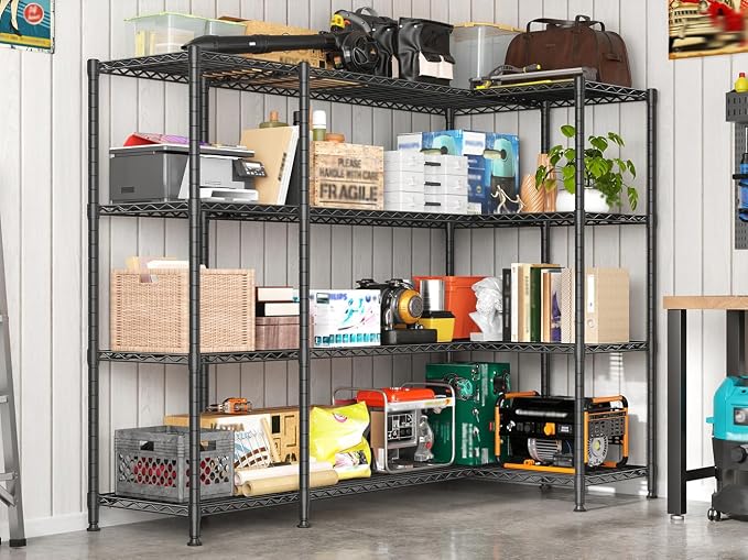 REIBII 78.4''W Storage Shelves, 1500LBS Heavy Duty&Space Saving for Garage | 4 Tier Adjustable Wire Shelving, Powder Coated, Tool-Free Metal Shelving, Scratch Resistant, Rust-resistant, three regular