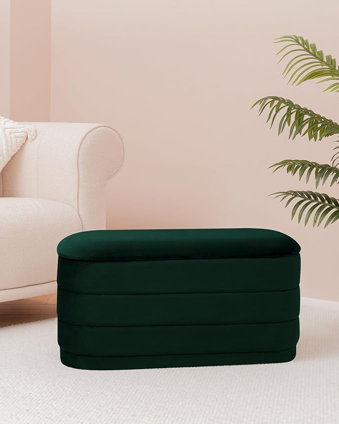 B FSOBEIIALEO Velvet Storage Ottoman with Tray, Folding Ottoman with Storage Coffee Table Shoes Bench for Dorm Room, Living Room Bottle Green, 30"x15"x15"