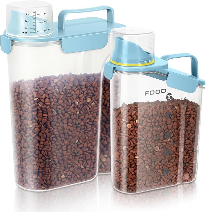 LEAWALK Dog Food Storage Container, Upgraded Large Nozzle BPA-free, 3+5 LBS Plastic Pet Food Storage Containers, With 4 Sealed Clasps, 1 Measuring Cup and Handle (Bright blue)