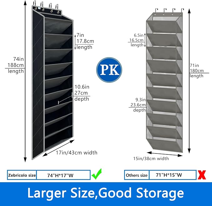 Over the Door Shoe Organizer, 20 to 30 Pairs Hanging Shoe Holder, Heavy Duty Extra Deep Pockets Shoe Storage for Closet, Anti-Scratch Hooks & FSC-Certified Bamboo - Black/Grey