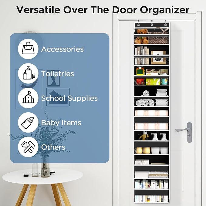 Mefirt Over The Door Organizer, 8 Shelf Door Hanging Organizers with 8 Large Capacity Pockets, Back of Door Organizer Storage Hanging Shelves for Closet Bathroom Bedroom Nursery