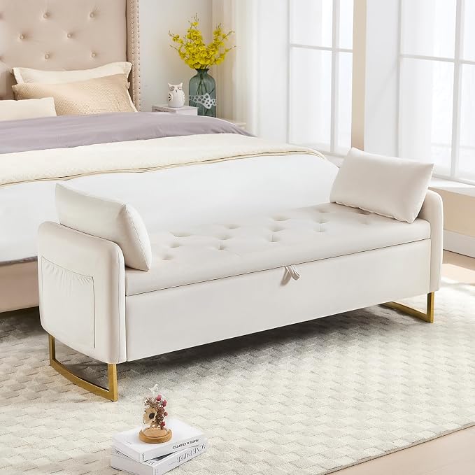 65" End of Bed Storage Bench, Velvet Storage Bench for Bedroom, Bed Bench with Storage, Tufted Upholstered and Gold Legs, Bedroom Benches with Arms for Living Room Window and Entryway Beige