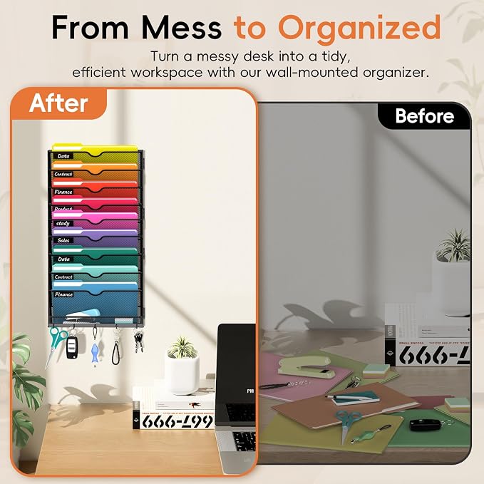 10-Tier Wall File Organizer with Hook, Hanging File Organizer Black | Wall-mounted mail storage holds papers, folders, files, clipboards and magazines, assembly required for office or home use.