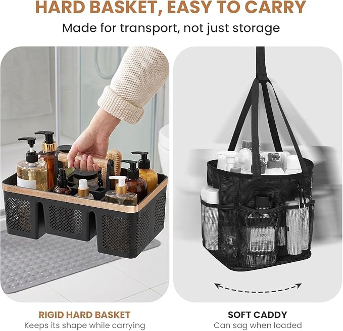 BYUNER Plastic Shower Caddy Dorm: Portable Hard Shower Basket with Handle, 4 Divided Compartments, All-Side Drainage, Bathroom & Cleaning Caddy for College Dorm Room Essentials, Black/wood grain