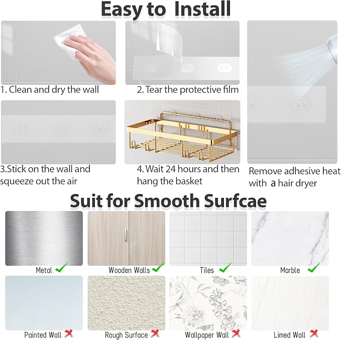 Liuoud 10 Pack Shower Caddy Organizer Rack Shelf for Inside Shower, Self Adhesive Wall Storage Basket Rustproof Stainless Steel Shampoo Holder Bathroom Accessory Decor Set, Bright Gold