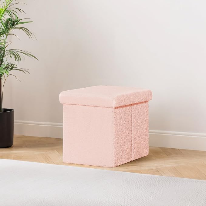 PINPLUS Storage Ottoman Cube Square Shaped Ottomans with Storage Foot Stool Footrest for Lving Room Boucle Ottoman Seat for Dorm Room,Faux Teddy Fur Pink,15"x15"x15"