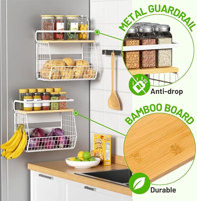 Magnetic Fridge Shelf with Wood Lid, Fruit Potato Onion Storage Bins, Pantry Organizers, Large Container Spice Rack for Refrigerator, Kitchen Counter, Cabinet (1, White)