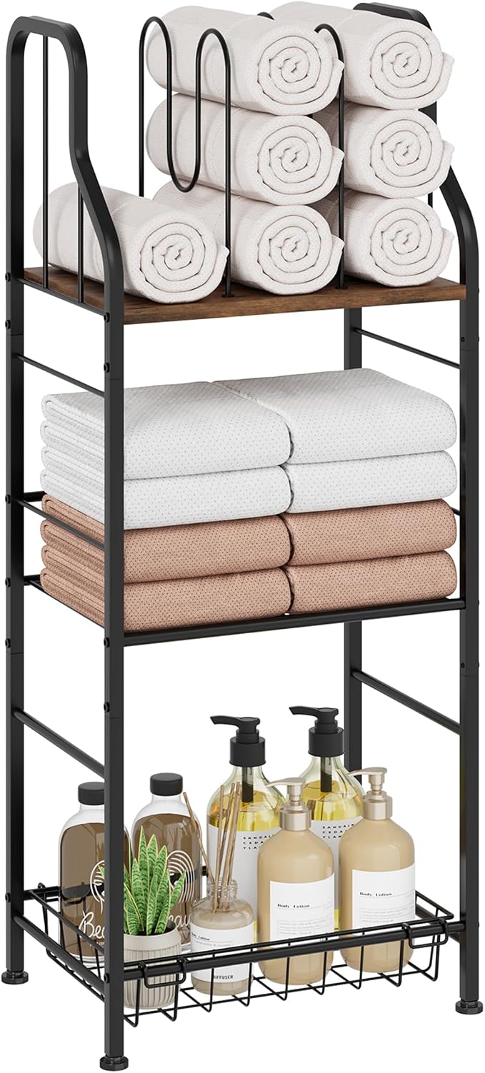 SWTYMIKI Free Standing Towel Rack - 3 Tier M-Shaped Detachable Dividers Towel Shelf for Bathroom, Durable Metal Pool Towel Holder, Modern Space-Saving Bath Towel Storage Organizer