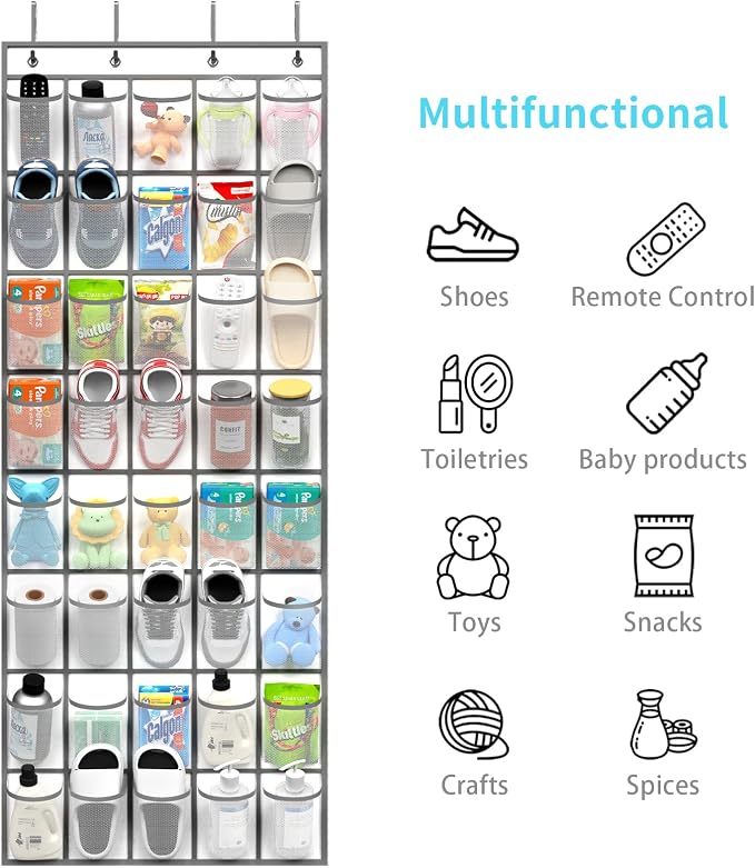 SAVERHO 40 Large Pockets Over the Door Shoe Organizer,Space-Saving Mesh Hanging Shoe Rack for Door Shoe Holder, Large Size 76.4" x 27.5" Ideal for Closet & Door Storage (White, 40 Pockets)
