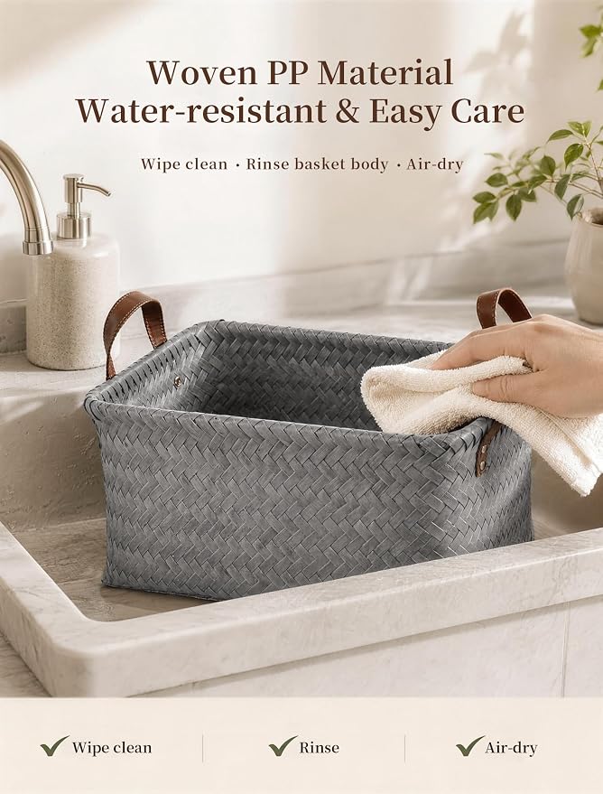 Wicker Storage Baskets, 4 Pack Woven Baskets for Shelves, Grey | PP Rattan, Water-resistant Wicker Basket, Large Baskets with Faux Leather Handles for Blanket, Laundry Organizer, Room Decor