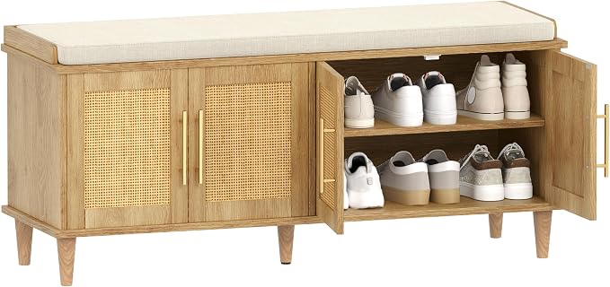 Akxomel 47.2" Rattan Shoe Storage Bench 4 Doors Wooden Entryway Bench Oak | 2 Tier Shoe Bench with Padded Cushion, Adjustable Shelves and 4 Doors, Solid Wood Legs, for Hallway, Living Room, Bedroom