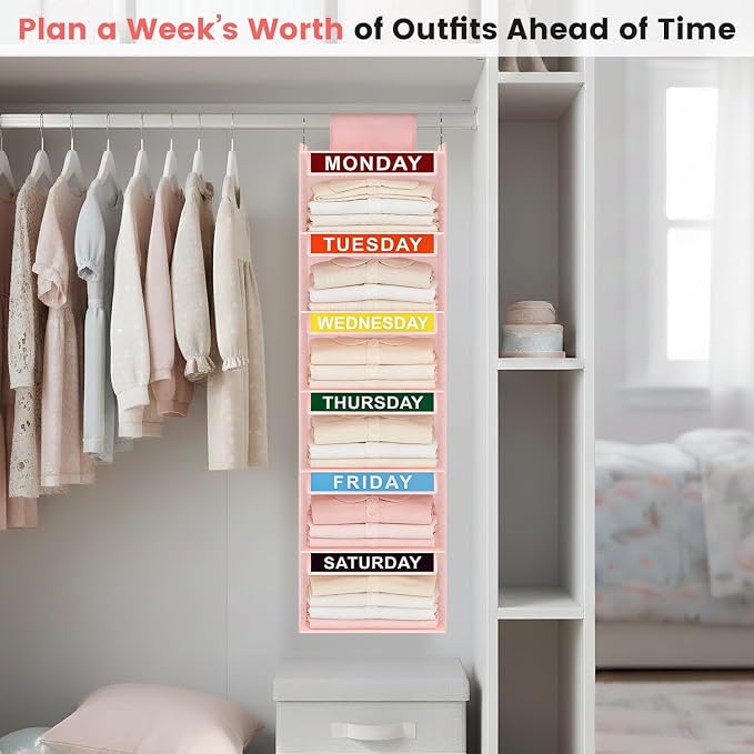 Weekly Clothes Organizer for Kids, 6-Shelf Kid Hanging Closet Organizer w/ 6 Side Pockets, Labeled Weekly Outfit Organizer for Kids, Days of The Week Clothes Organizer Monday Through Friday Pink