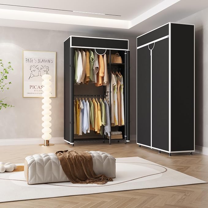 Heavy Duty Garment Rack 720lbs Load Closet Wardrobe with Cover Clothes Rack for Hanging Clothes with Adjustable 3 Shelves & 3 Hanging Rods 76.46" H X 43.31" L X 15.75" W Black