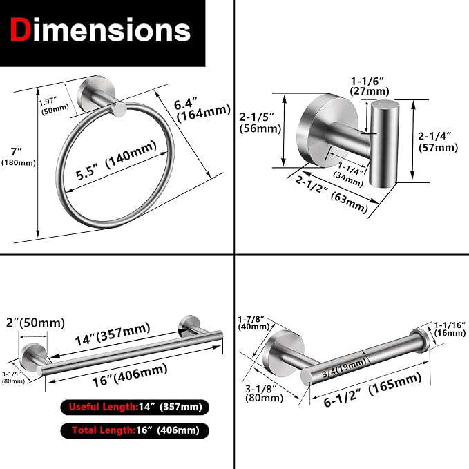 10 Pieces Brushed Nickel Bathroom Hardware Set Include 16inch Towel Bar,4pcsTowel Hooks,Toilet Paper Holder,Hand Towel Ring Round SUS304 Stainless Steel Bathroom Accessories Set
