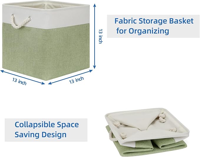 Temary Cube Storage Bins 13x13 Storage Cubes Basket for Gifts Empty, 4 Pack Large Storage Basket with Handles, Decorative Storage Baskets for Home (White&Green)